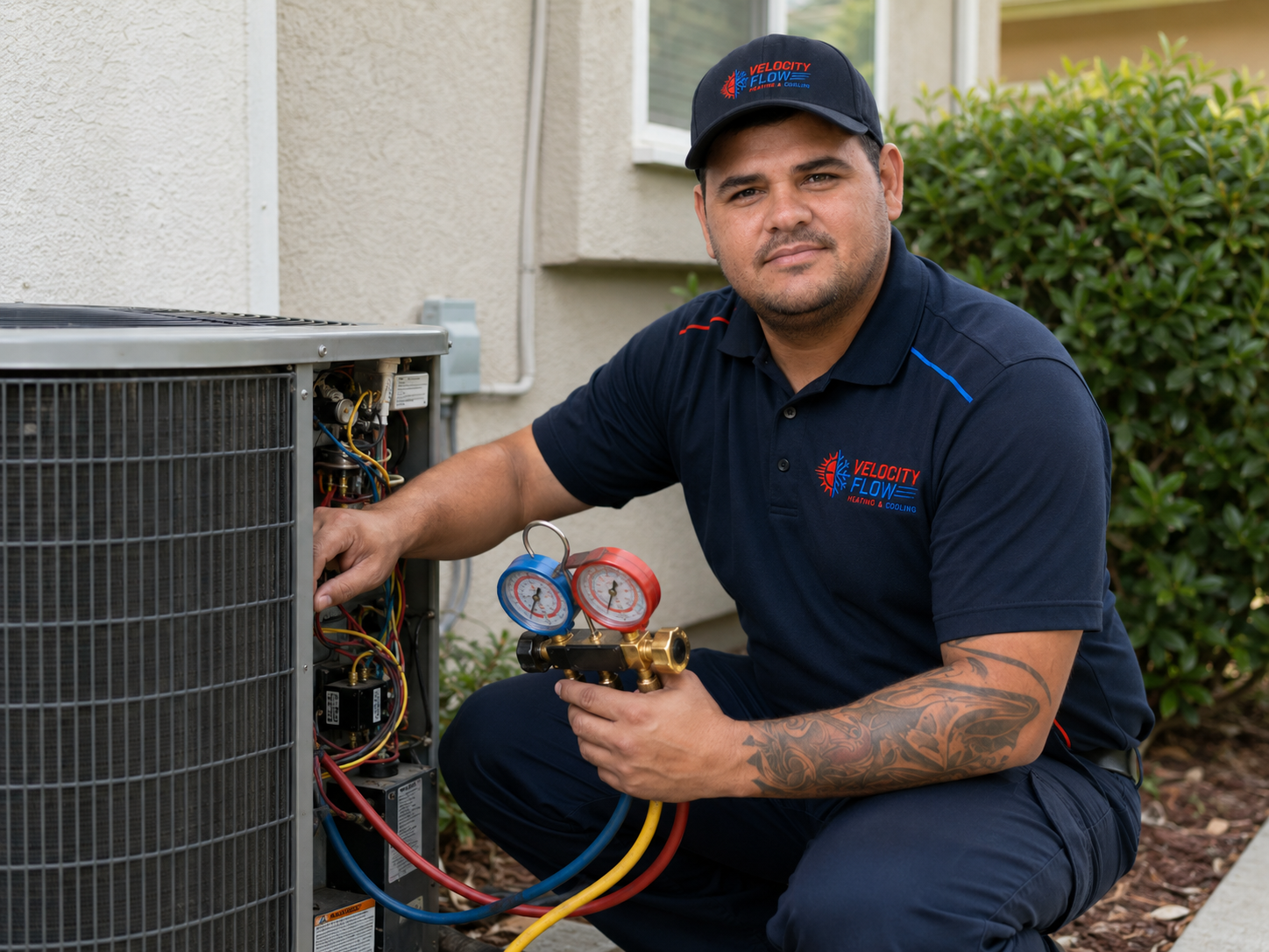 Velocity Flow technician servicing an outdoor AC system with gauges