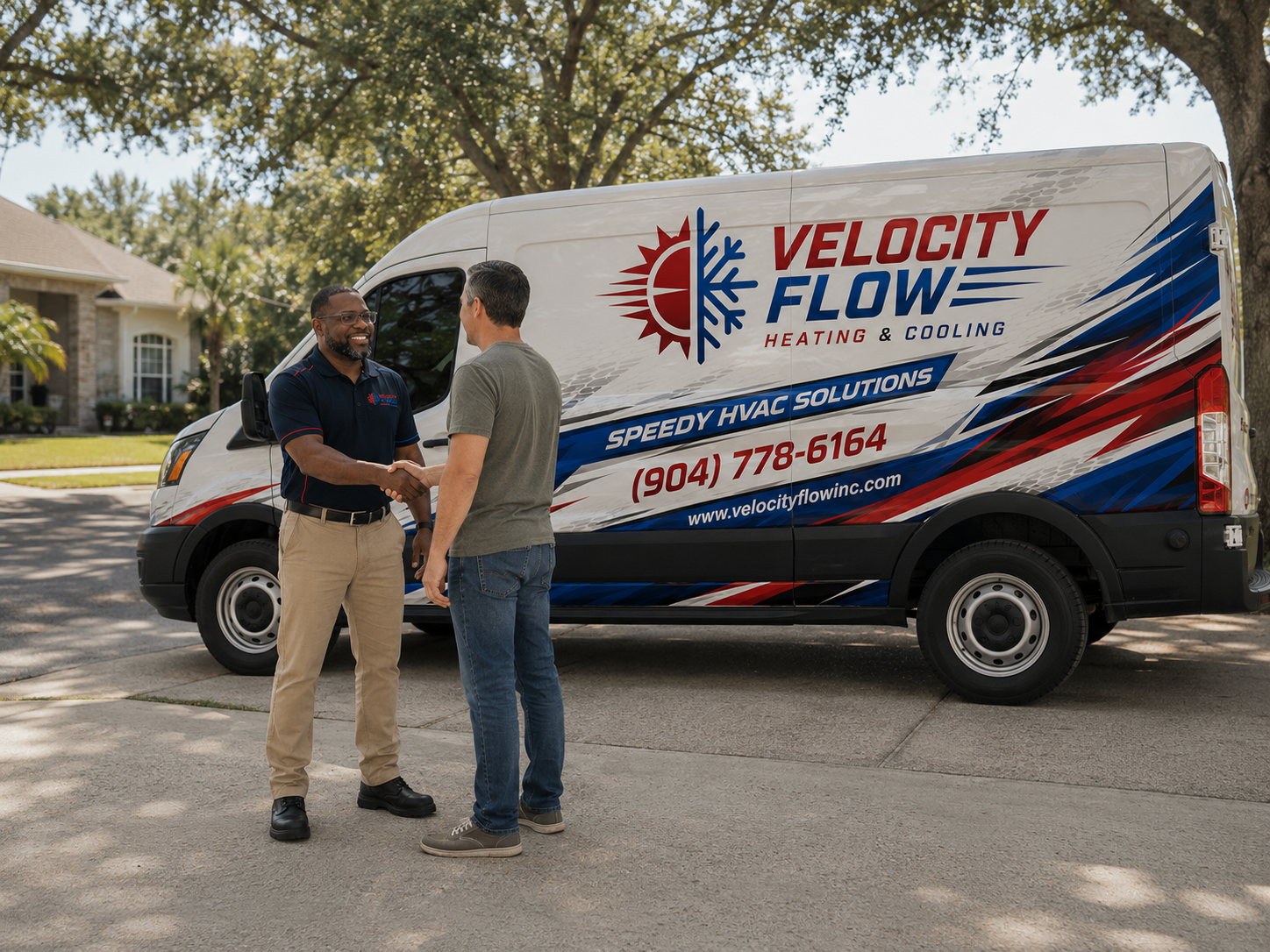 Velocity Flow team member greeting a customer beside the branded service van
