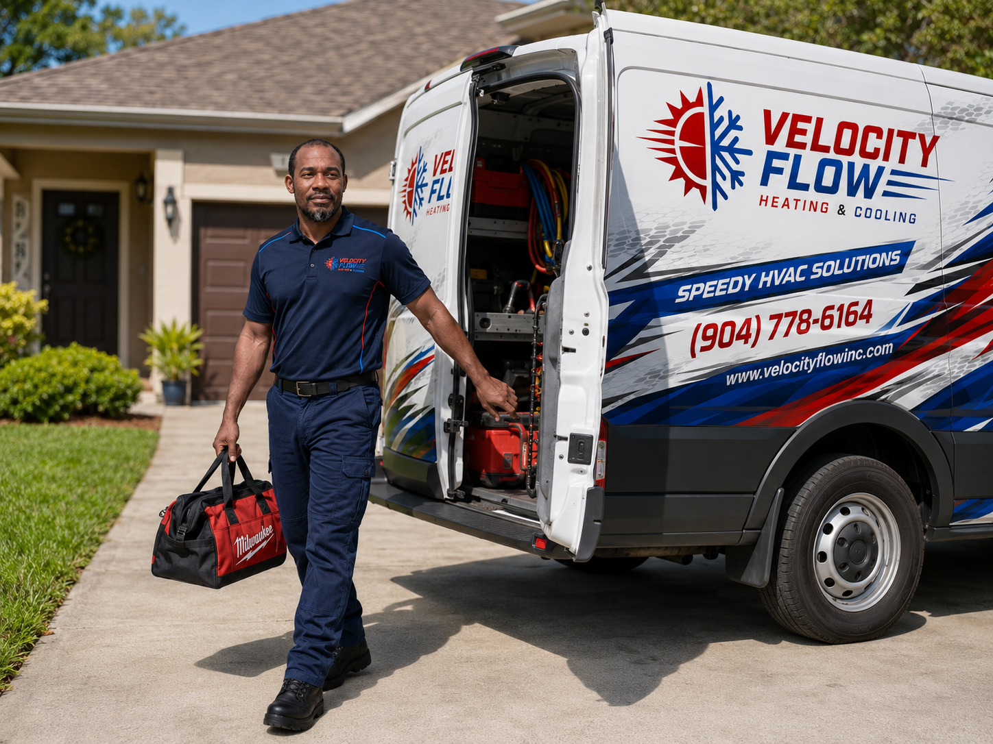 Velocity Flow technician with service van at a customer's home